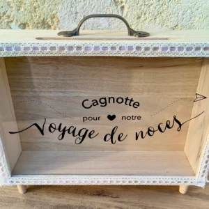 Urne cagnotte pour notre voyage de noce bois et dentelle